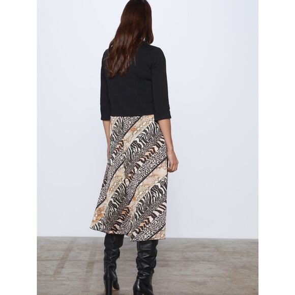 Zara Black Multicolor Animal Print Long Sleeve Leopard Zebra Midi Dress Size L - Picture 4 of 9